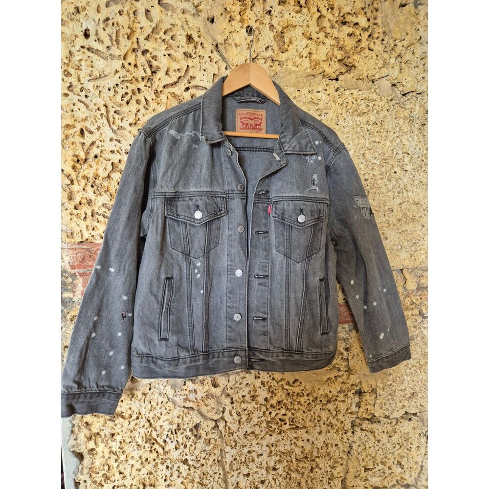 Levi's Men's L Black Gray Denim Trucker Jacket Distressed Paint Splatter